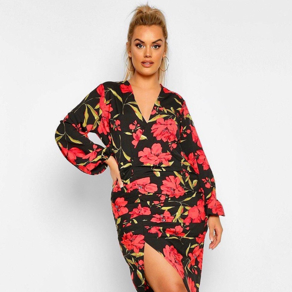 Boohoo Plus Red Floral Dress Sz 24 - Picture 11 of 12